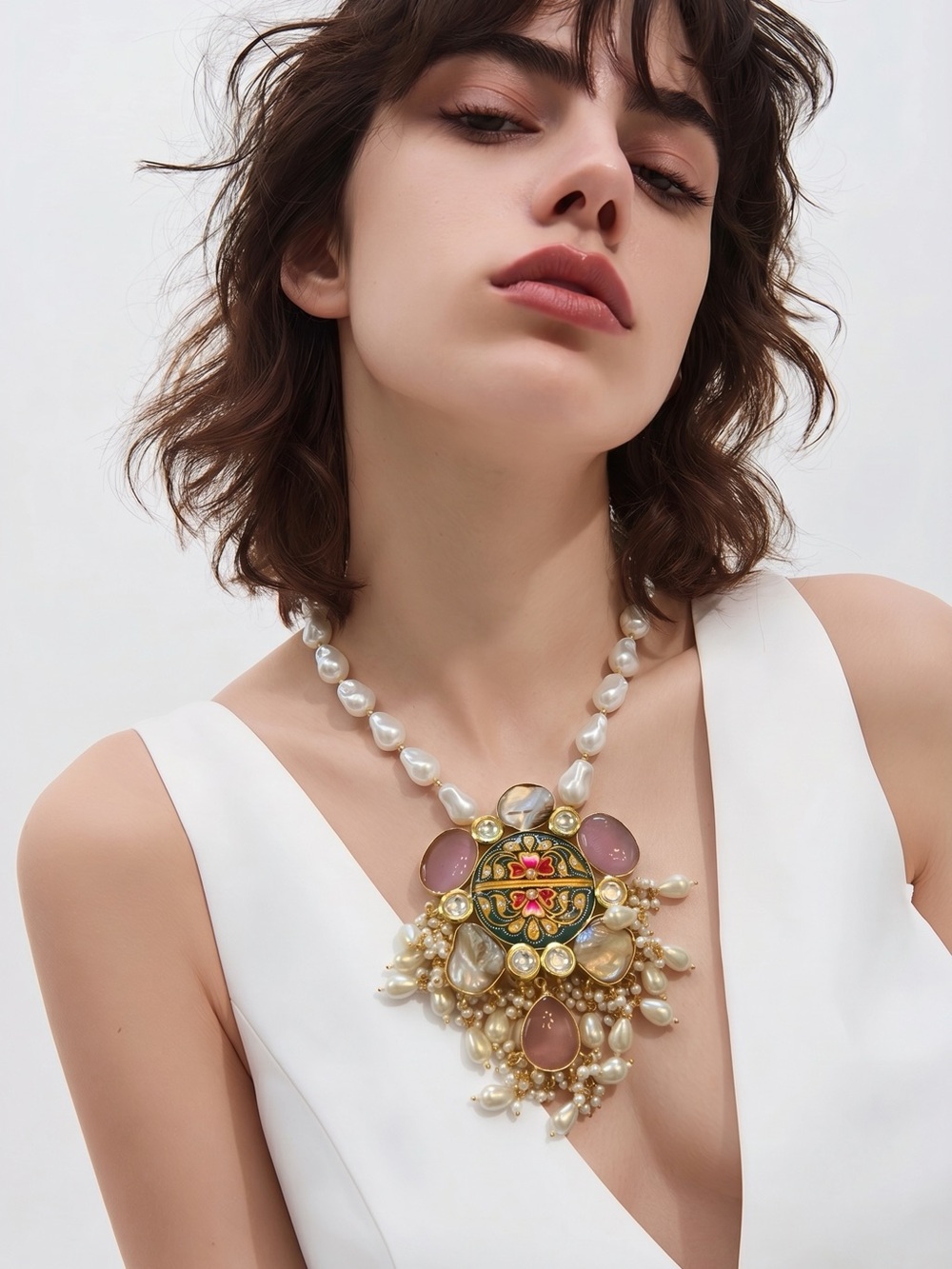 Artisan Pearl Statement Necklace with earring-Pink and Gold Pendant